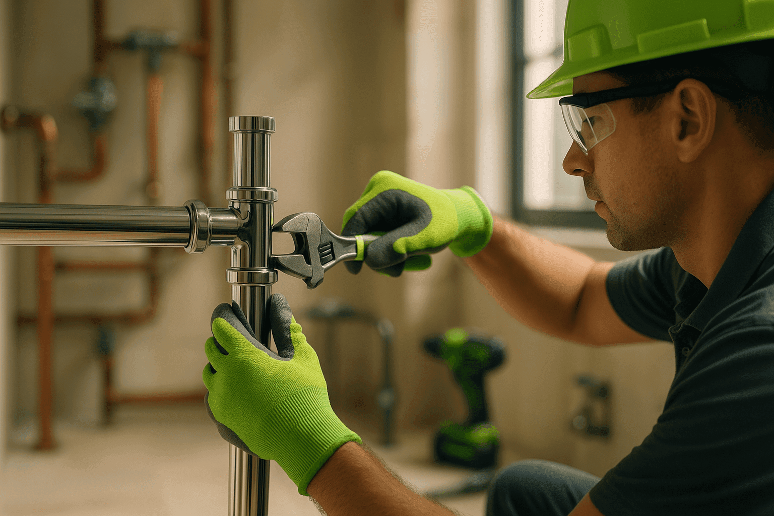 Plumber wearing gloves and safety gear tightening a polished pipe fitting in a clean workspace