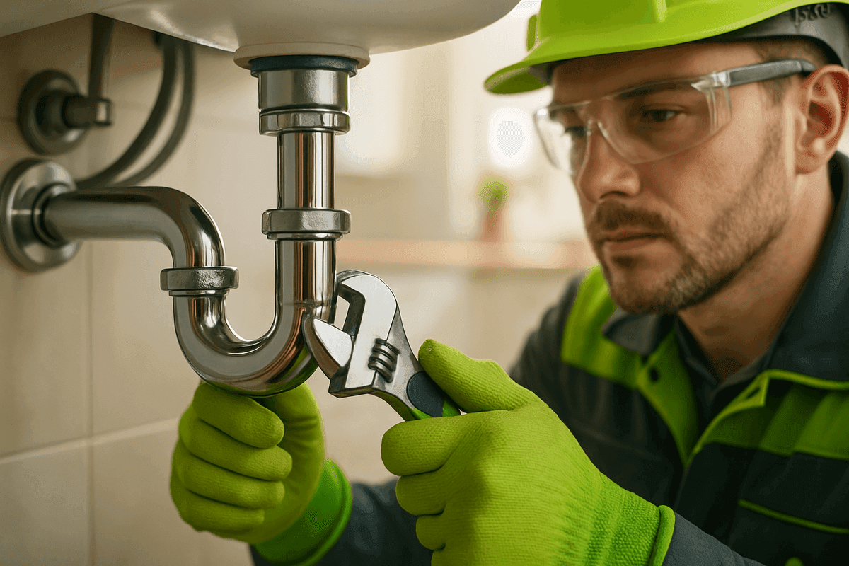 Close-up of plumber’s gloved hands tightening pipe fitting under a clean sink with tools